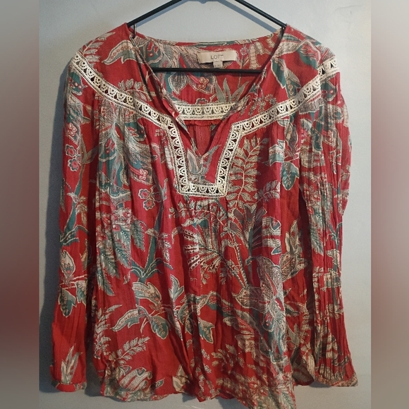 LOFT Tops - LOFT Red and Green Floral Blouse with Crochet Trim Medium Cottagecore Boho
